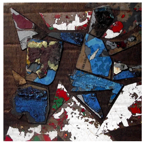 Geometric collage made from cut beer coaster fragments with layers of transferred old paint on cardboard.