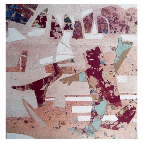 Fragments of old paint combined with adhesive tape on cardboard, forming a mixed media composition.