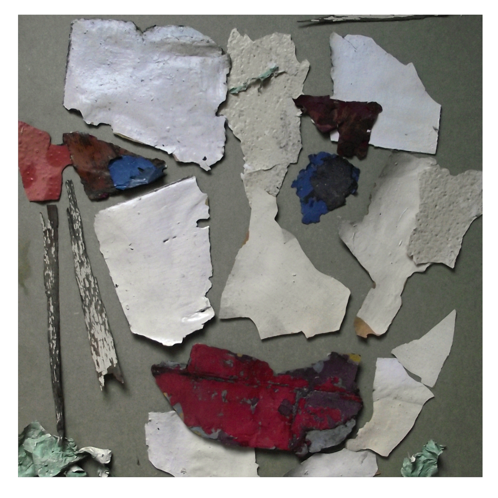 Mixed media artwork made from layers of paint scraped from antique Victorian furniture and transferred onto wood.