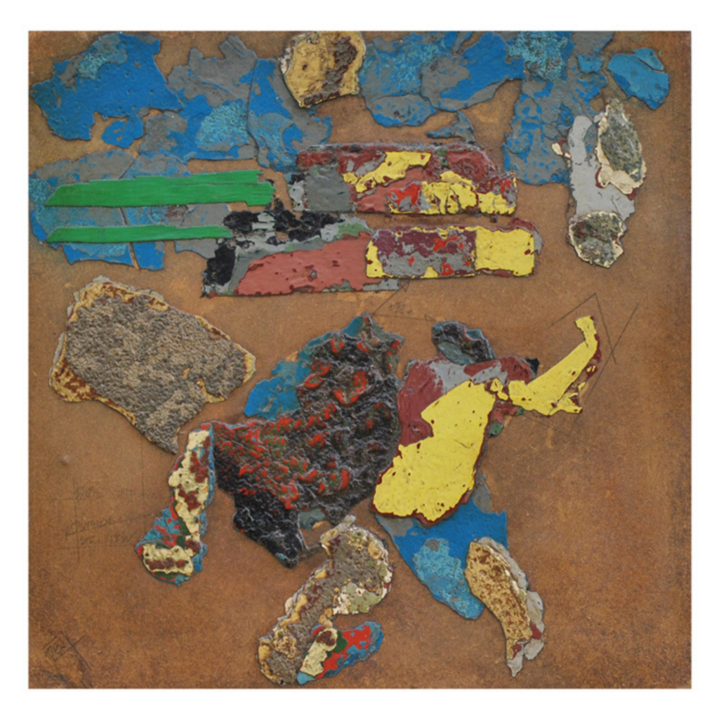 Fragments of scraped exterior paint and urban surface materials collected from Aston Quay, Dublin, arranged as mixed media composition