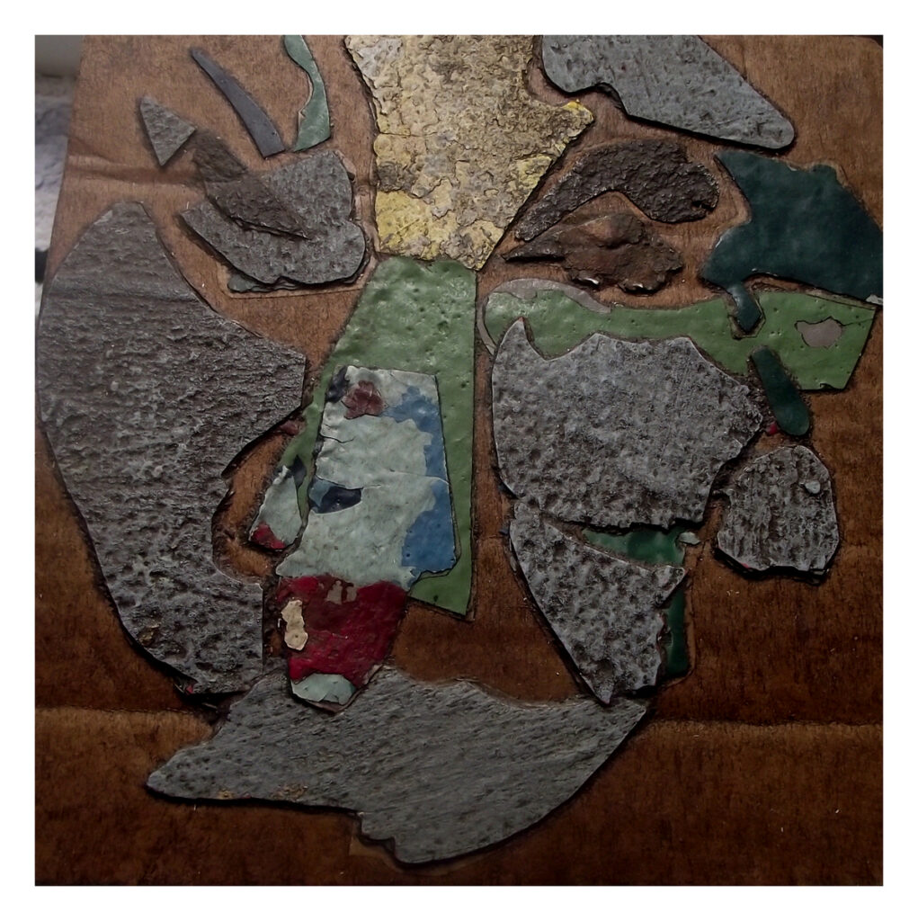 Square artwork on cardboard made from reclaimed paint and plaster fragments.