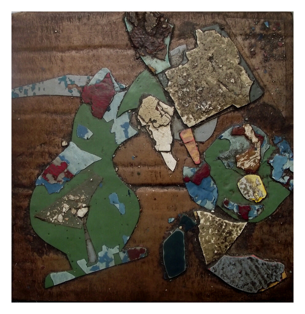 Square artwork on cardboard made from reclaimed paint and plaster fragments.