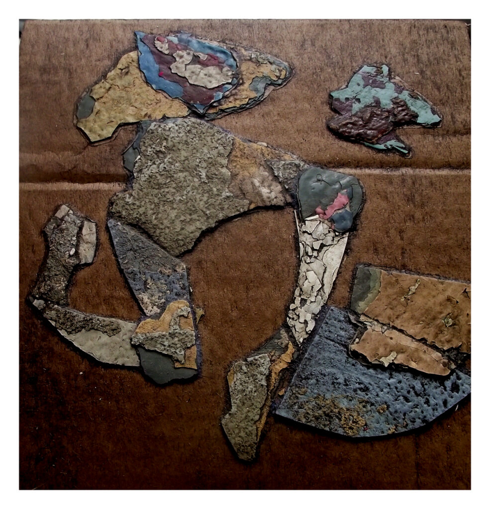 Square artwork on cardboard made from reclaimed paint and plaster fragments.