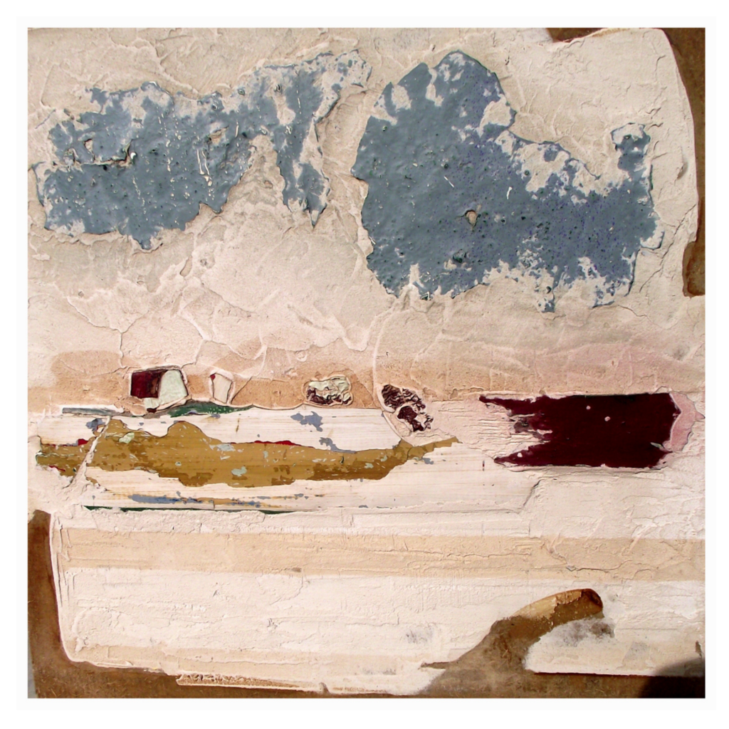 Winter landscape created from reclaimed paint fragments stripped from Victorian furniture.