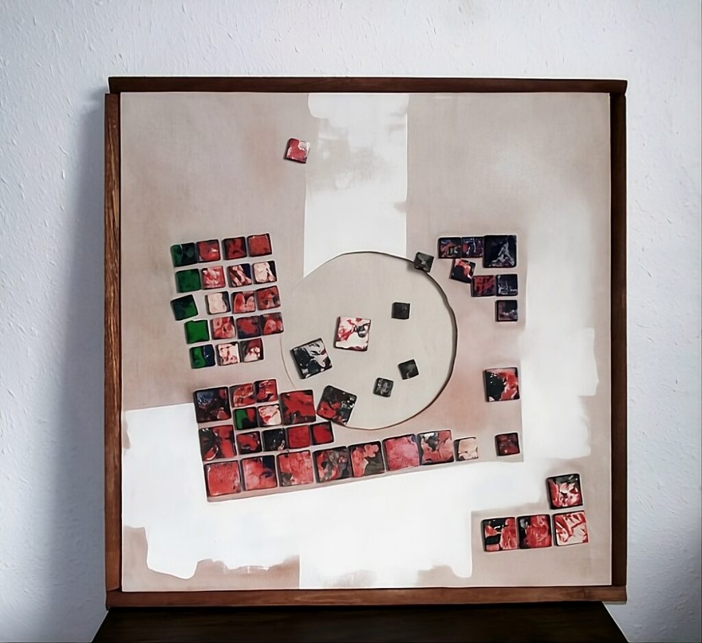 Wall fragments from Wellington Quay Dublin arranged in pink tones on canvas.