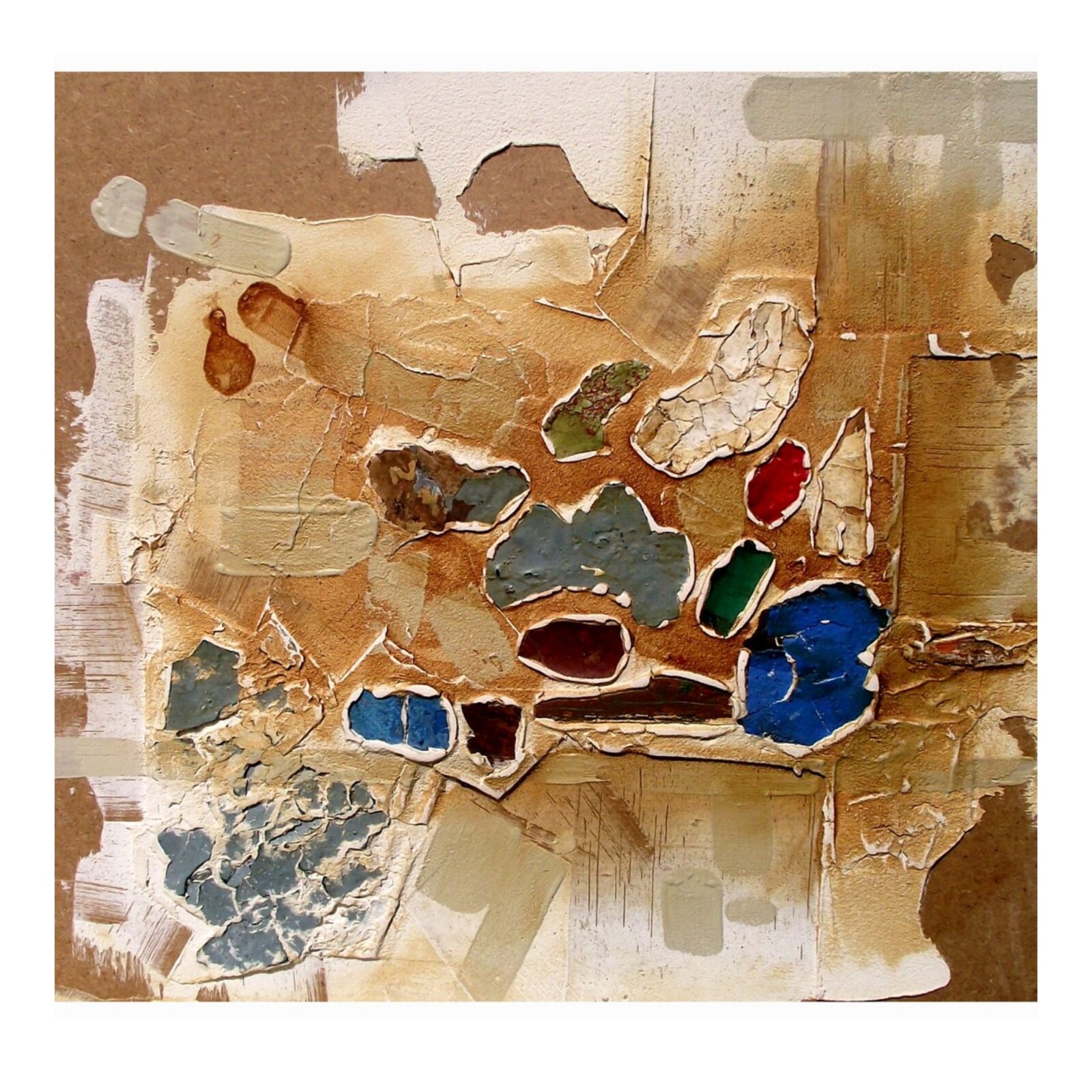 Mixed media artwork with aged paint and plaster fragments embedded in mortar on board.