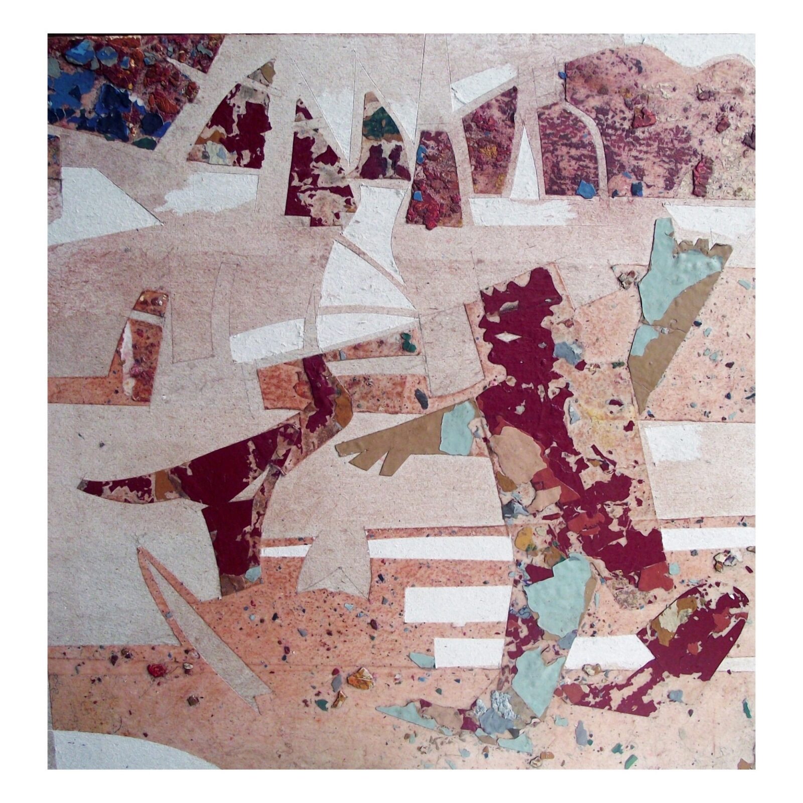 Mixed media artwork using fragments of old paint and double-sided adhesive tape on cardboard.