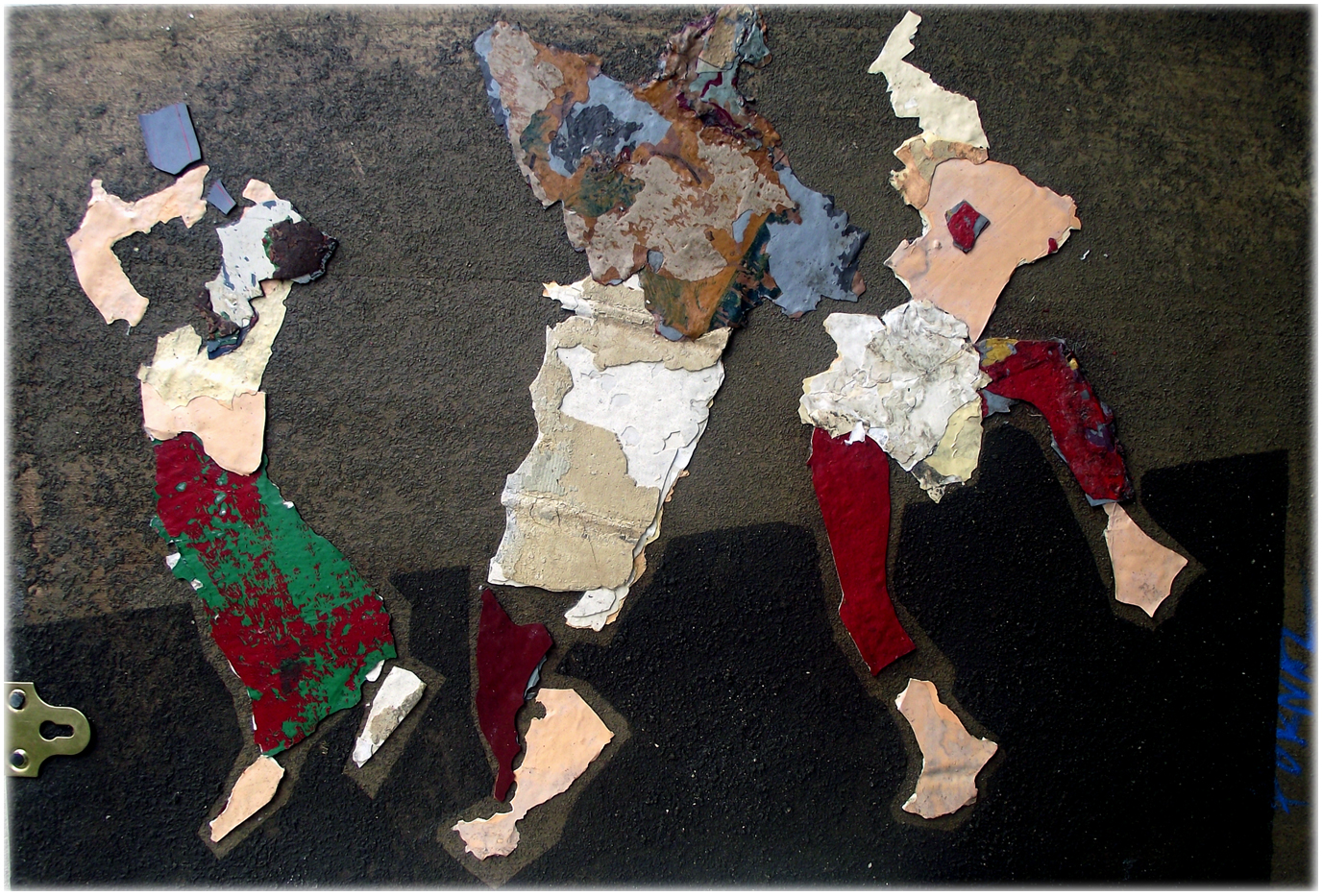 The Three Graces, mixed media mosaic collage on wooden wine crate lid, figures assembled from fragments of urban paint and plaster