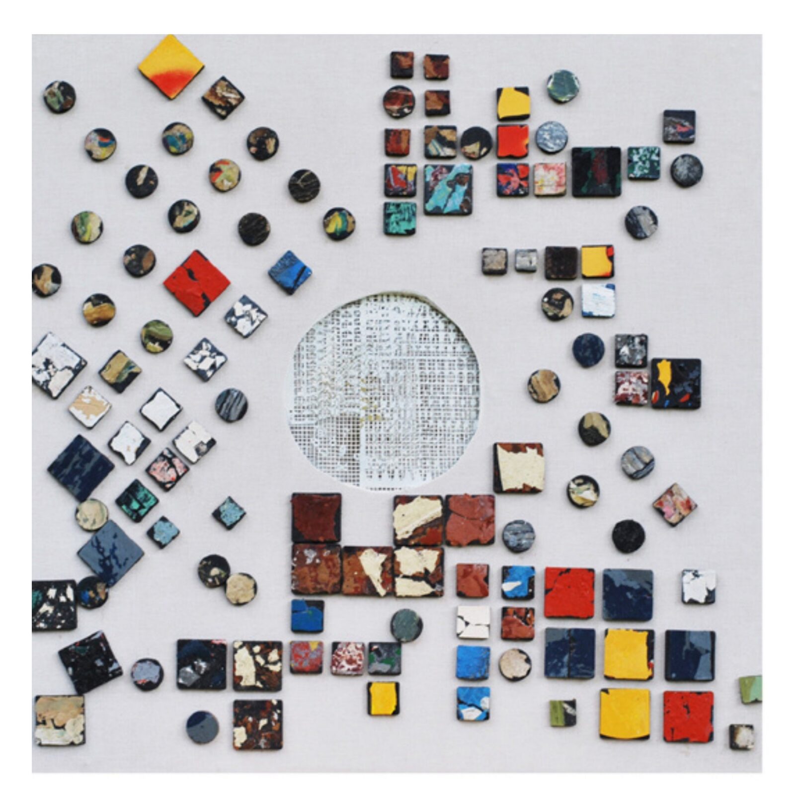Mixed media artwork made from fragments of Dublin street surfaces capturing colour, texture and light.