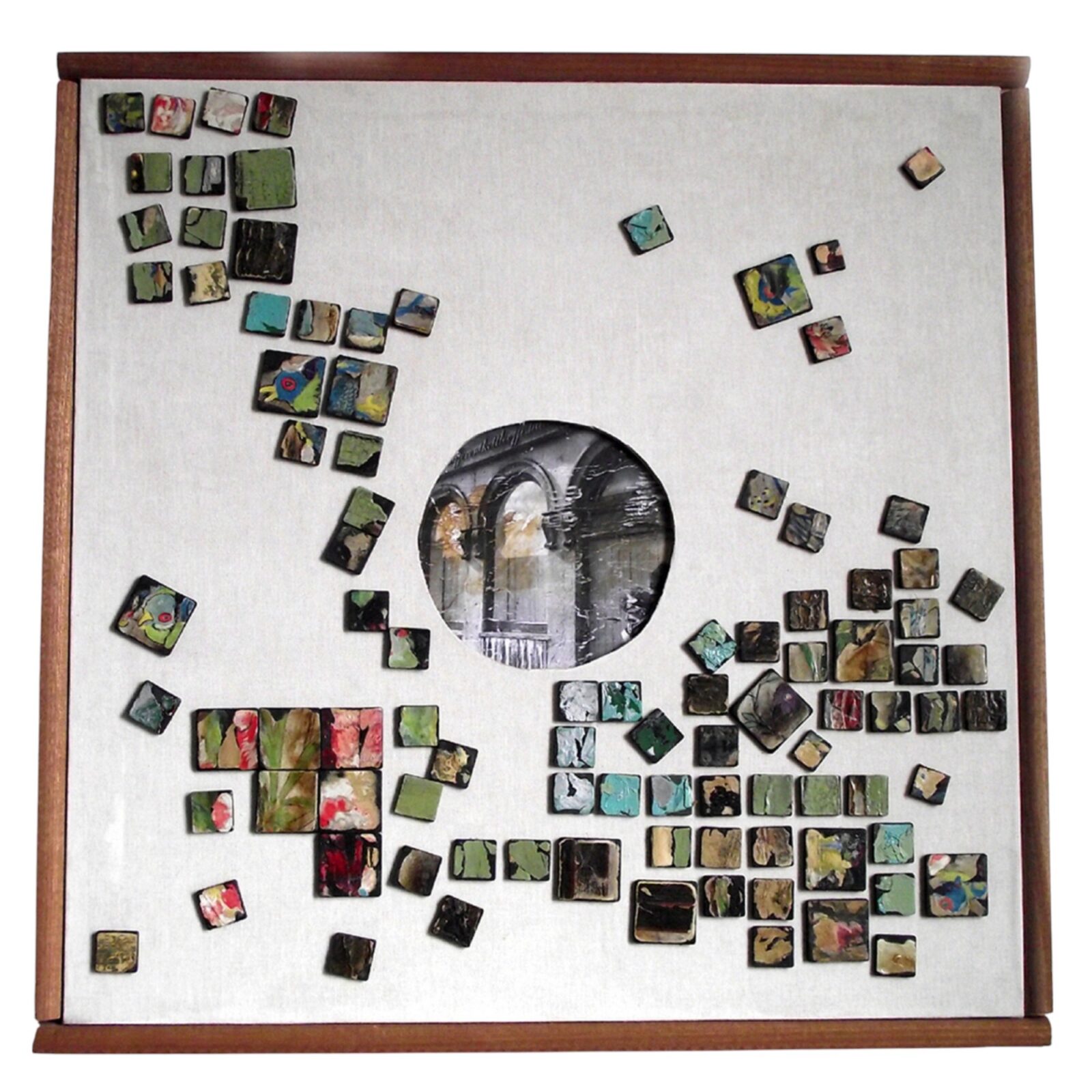 Mixed media artwork using fragments of old wallpaper from a facade on Ormond Quay, Dublin.