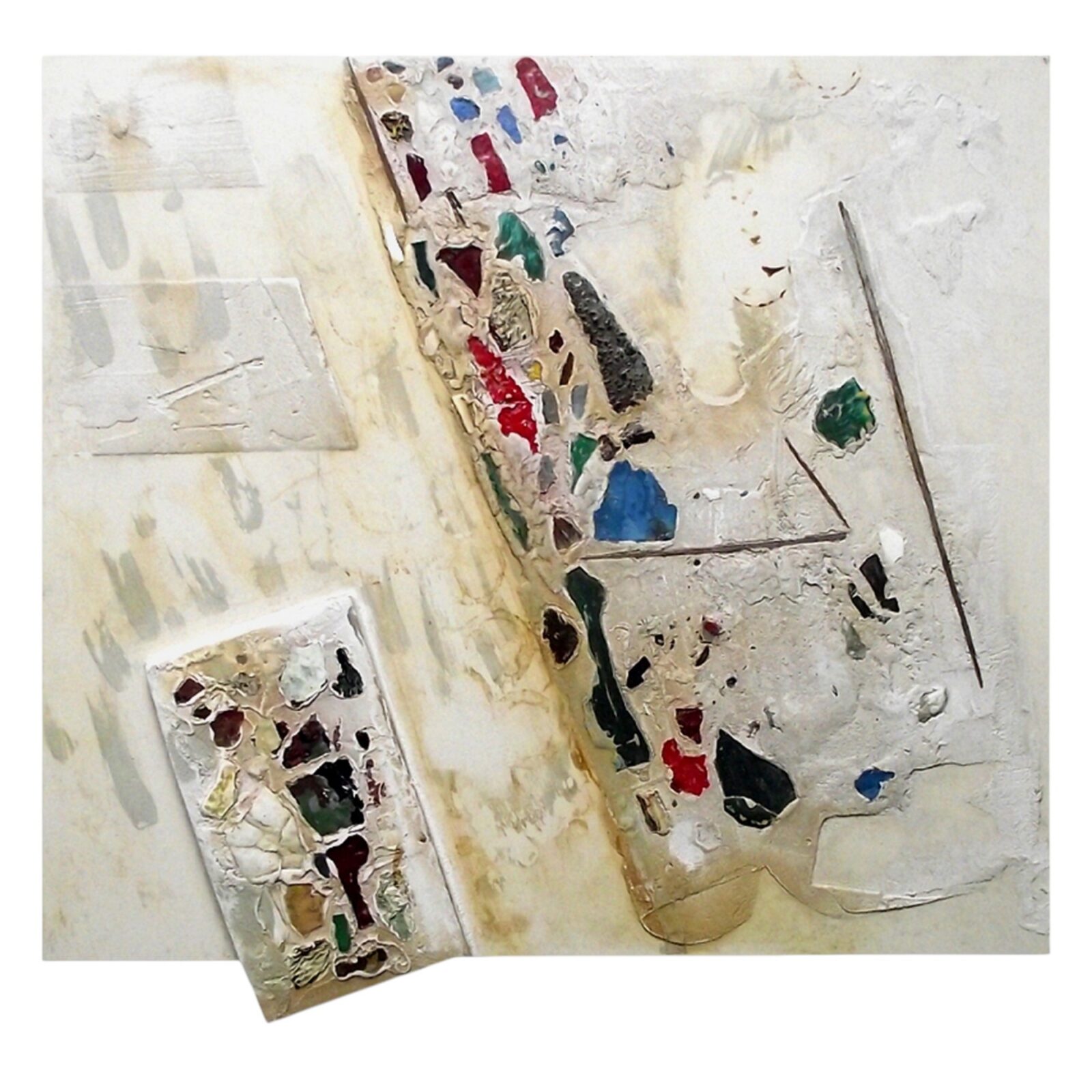 Mixed media artwork with plaster fragments embedded in mortar on board.