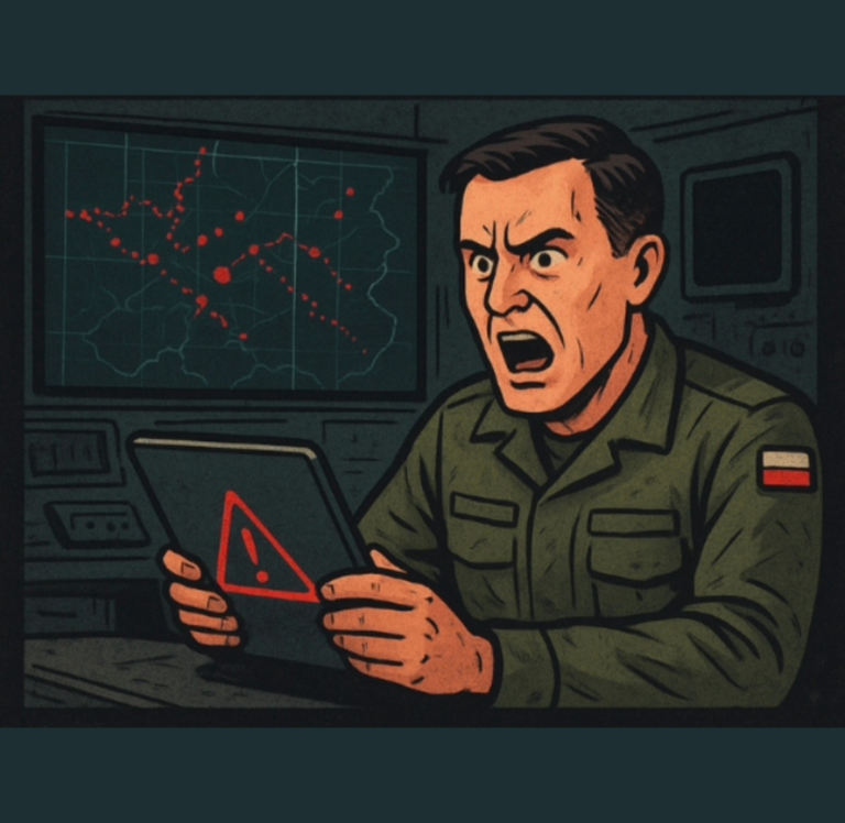 Digital illustration of a military commander shouting while holding a tablet